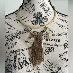 Gold Tone Fringe Statement Necklace with Quartz Points Witch Boho Ritual Style